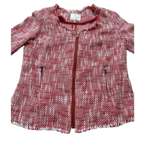 Joie Collis Tweed Twill Fringe Blazer Jacket Womens M Fitted Full Zip Red Cotton - Picture 3 of 9